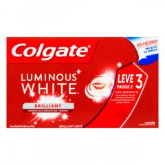 PACK CREME DENTAL BRILLIANT MINT COLGATE LUMINOUS WHITE CAIXA 2 UNIDADES 70G CADA GRÁTIS 50% DESCONTO NA 2ª UNIDADE